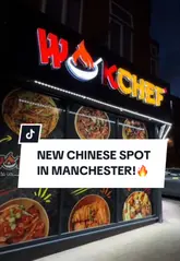 A promotional video for the opening of Wok Chef in Manchester, highlighting the menu, the 'under £10' price point, and a 50% off opening offer. The video features quick cuts of the kitchen, the interior, and various Chinese dishes.