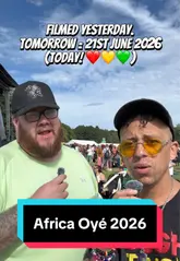 Two creators visit the Africa Oyé festival, sampling various street food dishes like jollof rice, beef suya, and plantain, drinking fresh coconut water, and enjoying the fairground rides.