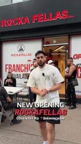 A promotional video for the opening of Rockafellas on Coventry Road, Birmingham, featuring the creator showcasing the venue and their menu items like smash burgers and chicken and rice.