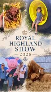 A vibrant family vlog documenting a day out at the Royal Highland Show, highlighting animal encounters, tractor displays, funfair activities, and various food stalls.