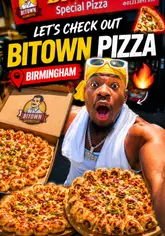 A high-energy food review vlog where the creator visits Bitown Pizza in Birmingham to try their signature pizzas, specifically the Kebab Twister and Crown Crust, providing a direct and enthusiastic assessment of the food.