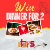 A promotional graphic for a giveaway at 2Taps Wine Bar in Belfast, featuring a collage of tapas dishes and a cocktail.