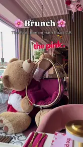 A short, aesthetic montage showcasing the interior and food offerings of 'The Pink' in Birmingham, highlighting its distinct pink-themed decor and brunch menu.