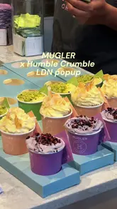 A promotional video for a Mugler x Humble Crumble popup event at Old Spitalfields Market, featuring a tasting flight of mini crumbles inspired by perfume scents.
