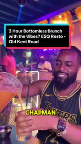 A high-energy vlog-style review of a bottomless brunch at ESQ Resto on Old Kent Road, highlighting the 3-hour duration, lively atmosphere with a DJ and live drummer, and a variety of food and cocktails.