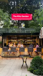 A montage of The Secret Garden at The Ritz London, featuring lush greenery, outdoor dining tables, wine, cheese, and live music.