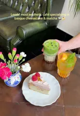 A short, aesthetic montage showcasing a cafe in Leeds called Pole Pole, highlighting their matcha drinks and basque cheesecake.