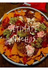 A home cooking tutorial demonstrating how to prepare beef brisket chilli nachos. The video follows a step-by-step process from browning the meat to assembling the final dish with guacamole, sour cream, and pickled onions.