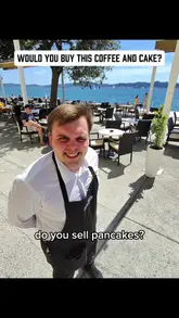 A first-person vlog review of a cafe located by the sea in Croatia. The creator interacts with the waiter, orders a 'Snicker Premium' dessert, a cappuccino, and an orange juice, providing an honest assessment of the value and quality.