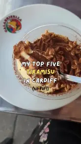 A compilation video showcasing five different tiramisu desserts from various cafes and restaurants in Cardiff. The video uses a listicle format to present each venue, accompanied by text overlays and music.
