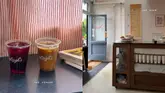 A split-screen image showcasing a coffee shop, with the left side featuring iced drinks on a table and the right side showing the interior entrance and menu board.