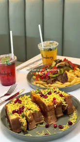 A montage of food and drink items at RF Café & Bakery, featuring savoury brunch dishes, loaded fries, and chocolate-dipped desserts.