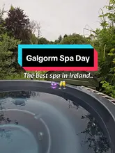 A montage-style reel showcasing the various facilities at Galgorm Spa, including hot tubs, thermal suites, and outdoor relaxation areas, accompanied by text overlays detailing the package inclusions.