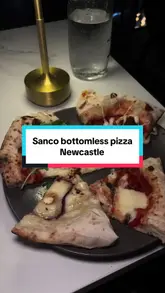 A short, informative video highlighting the bottomless pizza offer at Sanco in Newcastle. It explains the unique service system where a table light indicates whether the diner wants more pizza or a break, and showcases various pizza toppings and dessert options.