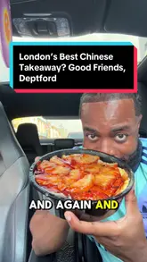 The creator reviews a Chinese takeaway called Good Friends in Deptford from his car. He samples salt and pepper wings, salt and pepper prawns, BBQ pork ribs, and BBQ duck and pork with egg fried rice, providing commentary on the texture and flavor of each dish.