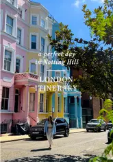 A curated one-day itinerary for Notting Hill, London, featuring a sequence of popular local spots including coffee shops, the Portobello Road Market, a bookshop, brunch at Granger & Co, pastry stops, and a final drink at The Churchill Arms.