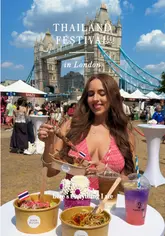 A creator visits the Thailand Festival in London, showcasing a variety of authentic Thai street food dishes, cultural performances, and the scenic location near Tower Bridge.