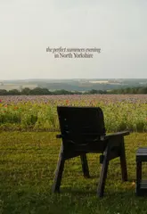 A montage of a flower field venue in North Yorkshire, showcasing the sunset setting, outdoor seating, drinks, and retail products like honey and vases.