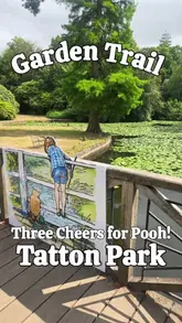 A vlog-style video showcasing the Winnie the Pooh centenary garden trail and farm exhibition at Tatton Park, highlighting interactive activities for children and the scenic park setting.