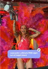 A high-energy reel showcasing a night out at Freight Island in Newcastle, featuring live entertainment, DJs, drinks, and large pizzas.