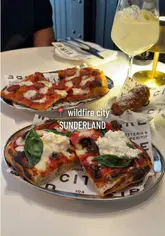 A review of Wildfire City in Sunderland, showcasing their small plates menu including pizza slices, arancini, loaded crisps, and vodka rigatoni.