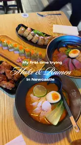 A review of Maki & Ramen in Newcastle, featuring a variety of dishes including chicken laksa, steak tataki, and various sushi rolls. The video captures the restaurant's interior, the menu, and the dining experience.