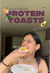 A home cooking tutorial featuring three vegetarian, protein-packed toast recipes: an everything bagel style toast, a chili cheese cottage toast, and a gochujang paneer and chickpea toast. The creator explains the recipes while demonstrating the preparation process using an air fryer.