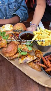 A short, punchy video showcasing a bottomless Sunday roast experience at Las Iguanas, featuring close-ups of the roast chicken platter, various sides, and cocktails.