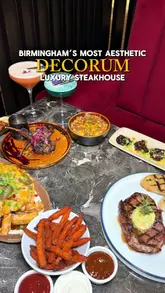 A polished, visually appealing reel showcasing the interior and menu of Decorum, a luxury halal steakhouse in Birmingham. The video features high-quality shots of various dishes, including steak, lamb, and mocktails, set against the restaurant's elegant decor.