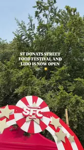 A vibrant montage showcasing the Street Food Circus festival at St Donats, featuring the lido, various street food vendors, and family-friendly activities.