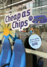 A promotional video for Northern Trains featuring a 'Cheap as Chips' pop-up event at a chip shop in Manchester, highlighting affordable train fares to various northern destinations.