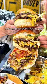 A promotional reel for Davey's UK in Newcastle, featuring close-up shots of smash burgers, mozzarella sticks, and loaded fries.