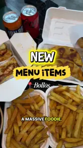 A food review video showcasing new menu items at Bollos, including a Nashville toastie, birria tacos, loaded fries, and dessert.