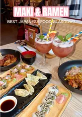 A promotional reel for Maki & Ramen in Glasgow, showcasing the restaurant's interior, including cherry blossom decor, and a variety of dishes from their halal menu, such as sushi, gyoza, and chicken yakisoba.