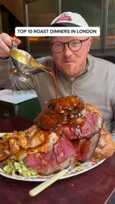 A fast-paced listicle video featuring a creator reviewing various roast dinners across different London venues, showcasing the food preparation, plating, and the final dishes.
