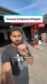 A short-form video review featuring a creator visiting a drive-through venue in Manchester to try their unique coconut and espresso affogato, available in multiple flavors including espresso, karak chai, and pink chai.