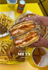 A fast-paced promotional reel for the new Mr T's location in Glasgow, highlighting their menu of burgers, pizzas, sandwiches, and loaded fries.