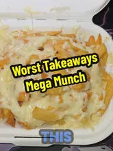 A review-style video where a creator tests and rates food items from a takeaway venue called Mega Munch, including donner meat and chips, cheesy chips, and a BBQ pizza.