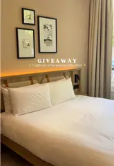 A promotional reel for a hotel giveaway, featuring shots of a hotel room, bathroom, and a breakfast croissant.