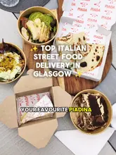 A creator showcases a food delivery order from Piada in Glasgow, highlighting the variety of items including piadinas, salads, and desserts like tiramisu and torta della nonna.