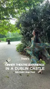 A vlog-style reel documenting an immersive dinner theatre experience at Malahide Castle, featuring a castle tour, live harp music, and Irish Wolfhounds.