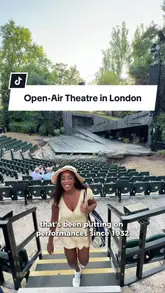 A travel-style vlog showcasing a visit to the Regent's Park Open Air Theatre in London, highlighting the park setting, the rose garden, the theatre experience, and the pre-show atmosphere.