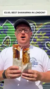 A fast-paced, energetic review of a London street food spot, showcasing the preparation of a shawarma wrap and fried chicken, with the creator providing commentary on the quality and value.