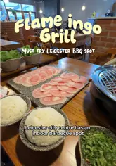 A couple reviews Flame Ingo Grill in Leicester, highlighting the interactive Chinese BBQ experience, the sauce station, and their meal choices including pork belly, lamb, and fried tofu.