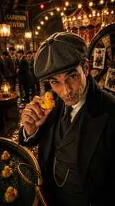 A high-energy, vlog-style video showcasing an immersive Peaky Blinders experience in London, featuring the creator participating in various themed games and interacting with actors.