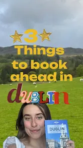 A travel creator presents a listicle-style video cover titled '3 Things to book ahead in Dublin,' featuring a green-screened background of a rural Irish landscape. The creator holds a 'Pocket Dublin' guidebook, aiming to provide travel advice for tourists visiting the city.
