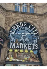 A fast-paced vlog-style video featuring two creators touring various food vendors at Leeds Kirkgate Market, highlighting specific dishes and prices at stalls like Tasty Shawarma, Bánh & Mee, Pollini’s, The Teapot, Seoulful Bites, Karpaty Bakery, and Mr Mackerel.