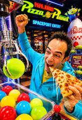 A high-energy vlog showcasing a Toy Story-themed 'Pizza Planet' pop-up experience in London, featuring interactive claw machines, exclusive merchandise, and themed pizza.
