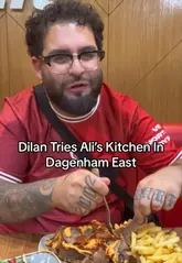 A creator visits Ali's Kitchen in Dagenham to review their doner kebab, specifically requesting a custom 75% lamb and 25% chicken mix, and shares his thoughts on the portion size and taste.