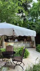 A listicle-style video showcasing five upscale summer garden venues in London, featuring shots of outdoor seating, floral decor, and high-end food and drink service.